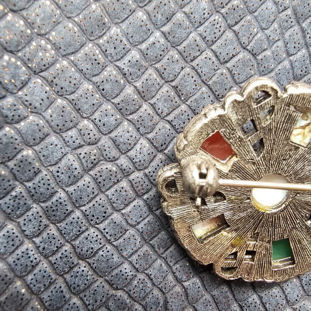 Vintage Multicolor Gemstone Brooch Pin Metalwork Circular Design Jewelry - Picture 6 of 7
